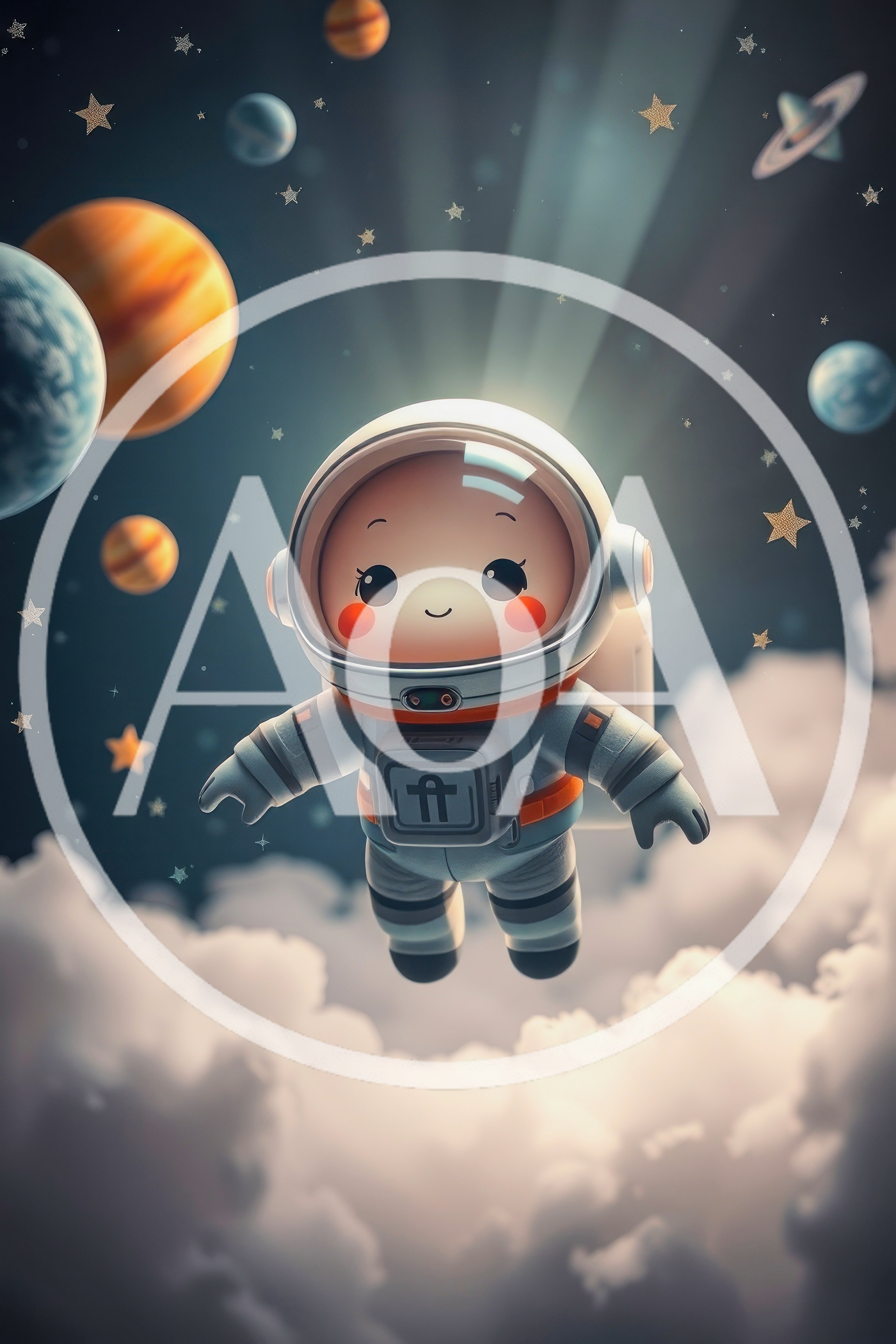 Cute Cartoon Astronaut Floating Above Clouds In Space