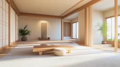 Minimalist Japanese Living Room Interior With Wooden Furniture