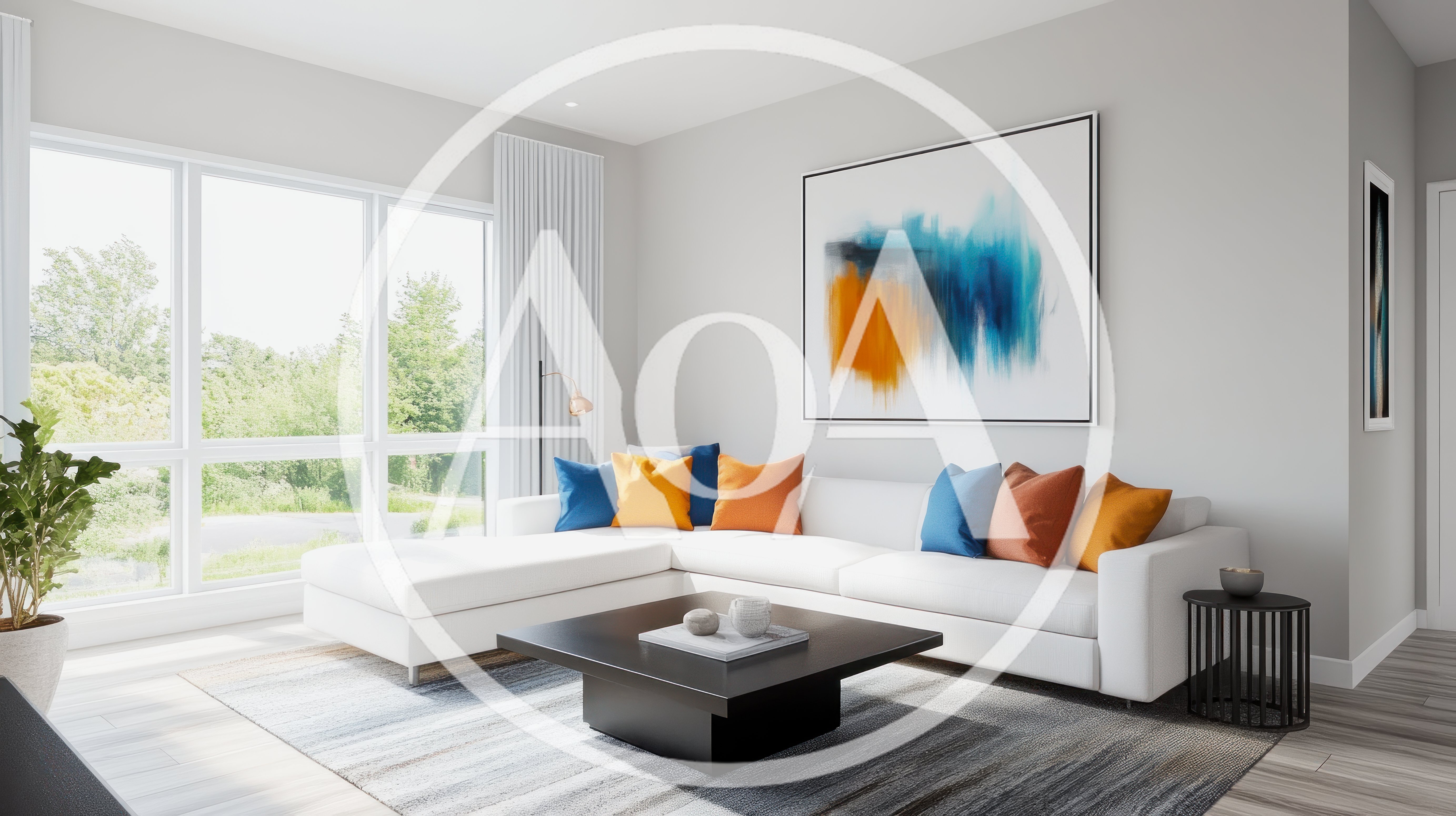 Modern Living Room Interior With White Sectional Sofa