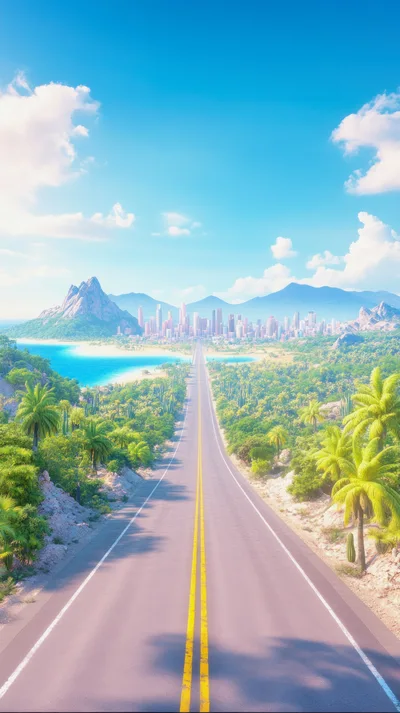 Scenic Coastal Highway Leading To A Tropical City Skyline