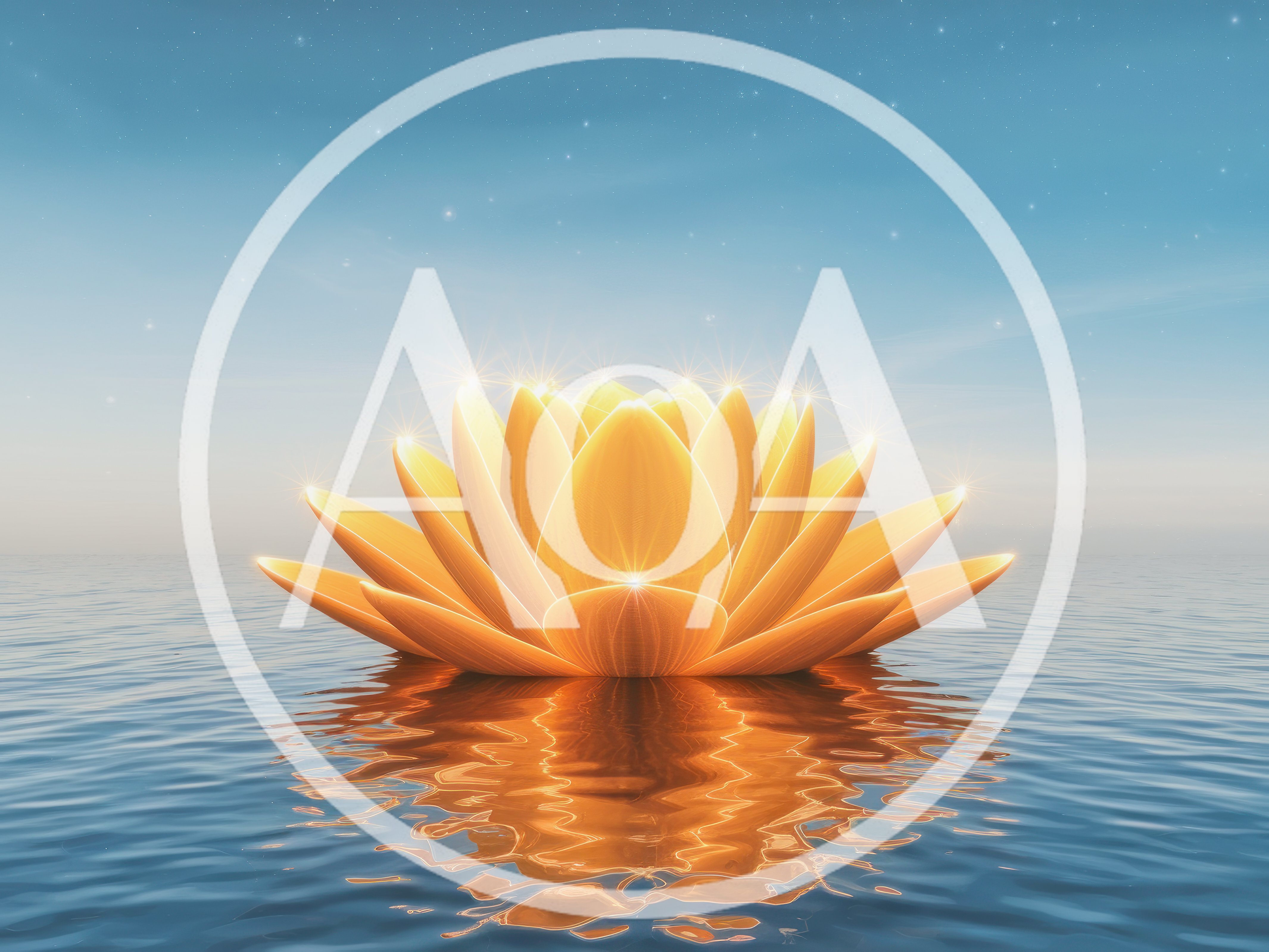Glowing Golden Lotus Flower Floating On Calm Water