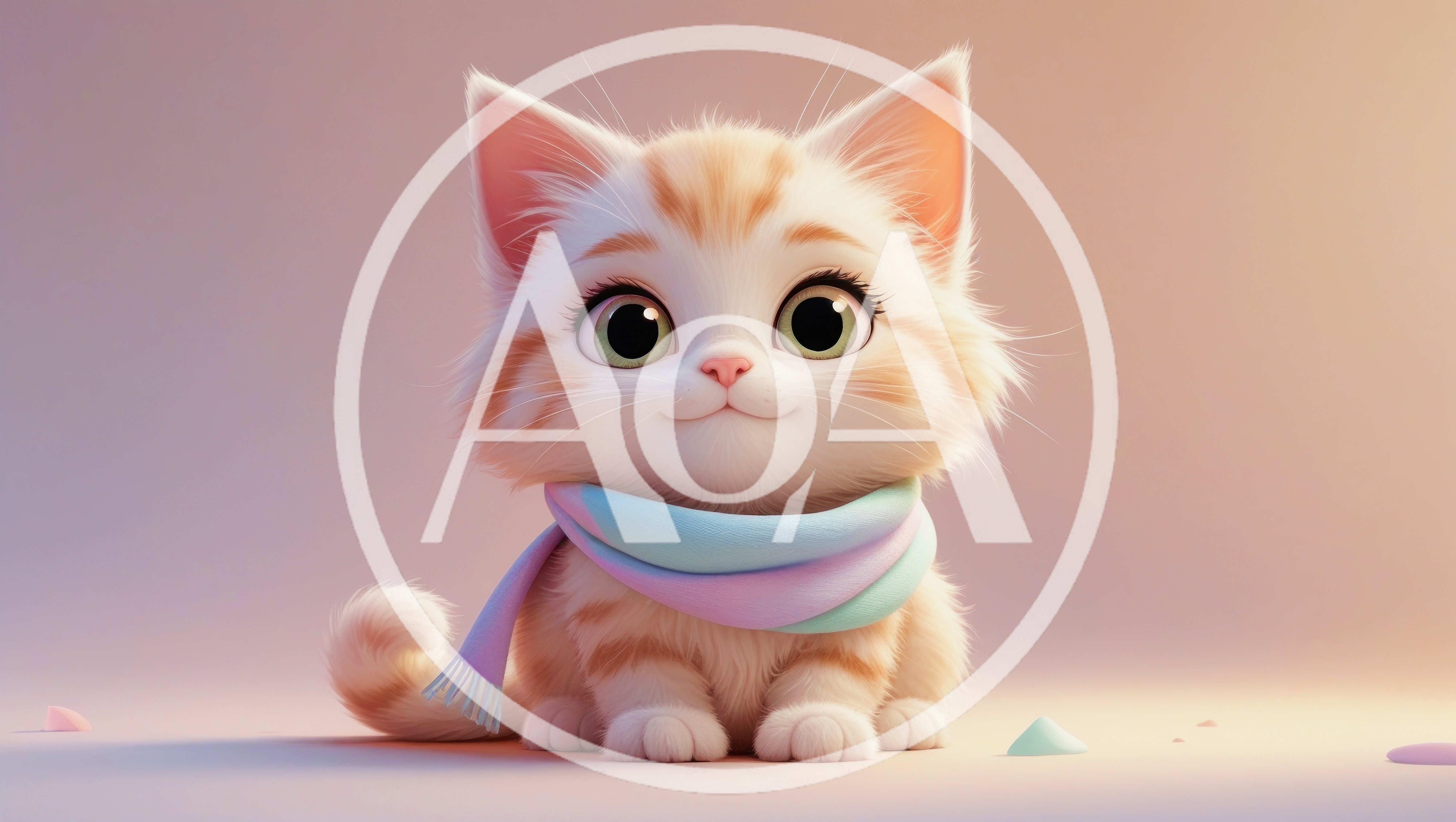 Cute Fluffy Kitten Wearing A Pastel Scarf