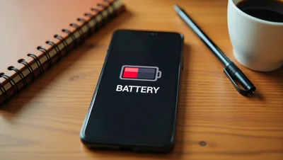 Smartphone Displaying Low Battery Icon On Wooden Desk