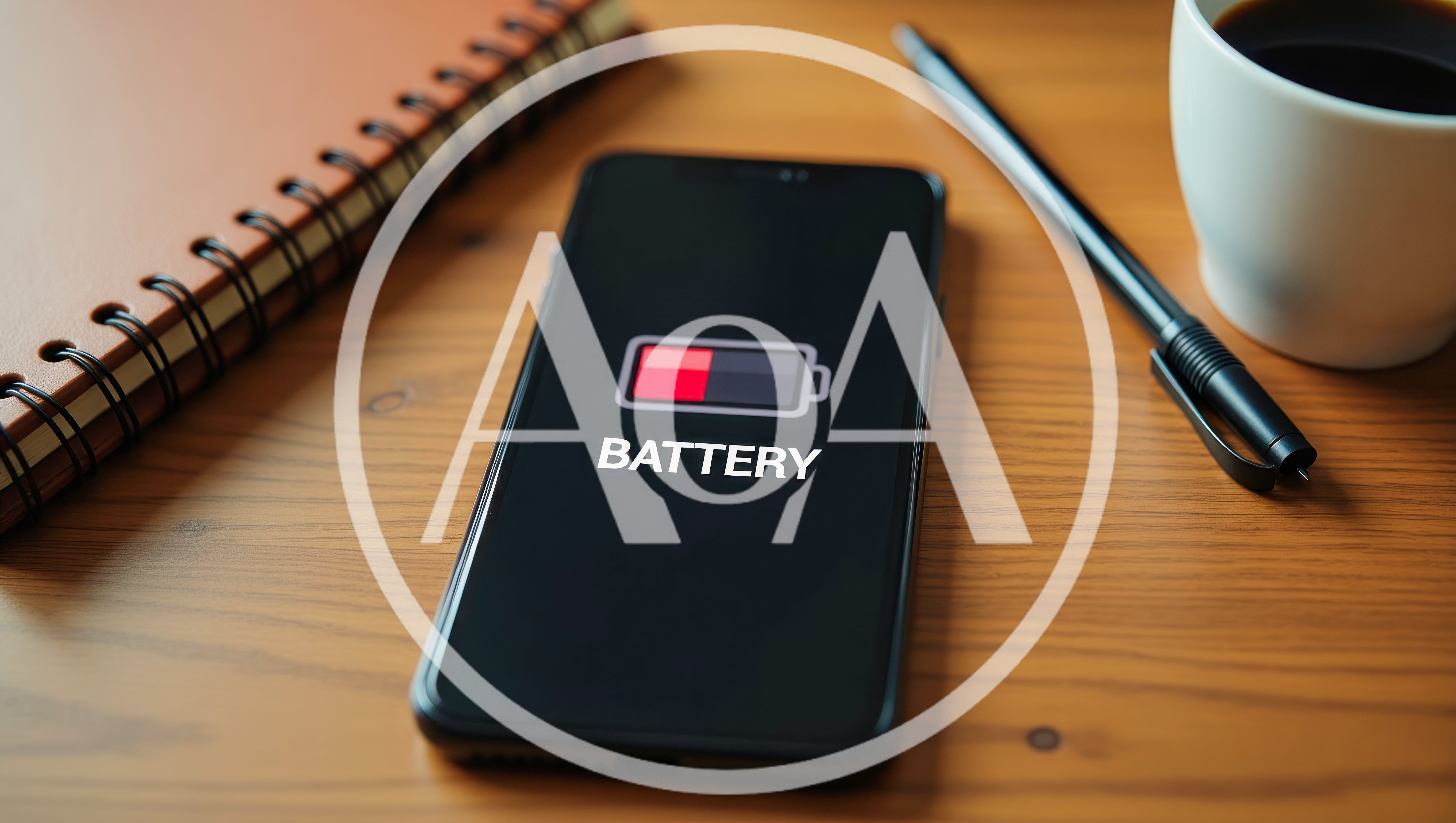 Smartphone Displaying Low Battery Icon On Wooden Desk