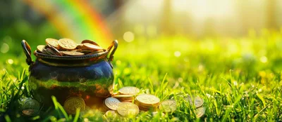 Pot Of Gold Coins On Green Grass