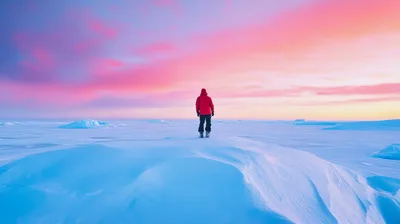 Lone Explorer Standing On Vast Arctic Ice Field