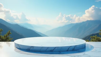 Marble Pedestal Display Platform Against Mountain Landscape