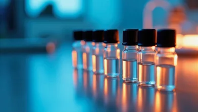 Laboratory Vials Lined Up On A Reflective Surface
