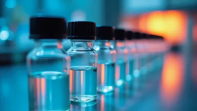 Laboratory Glass Vials Lined Up In A Row