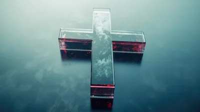 Glass Cross Sculpture With Red Internal Reflections