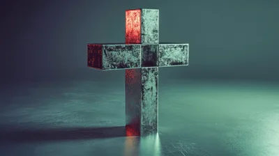 Metallic Cross Sculpture With Red And Green Lighting