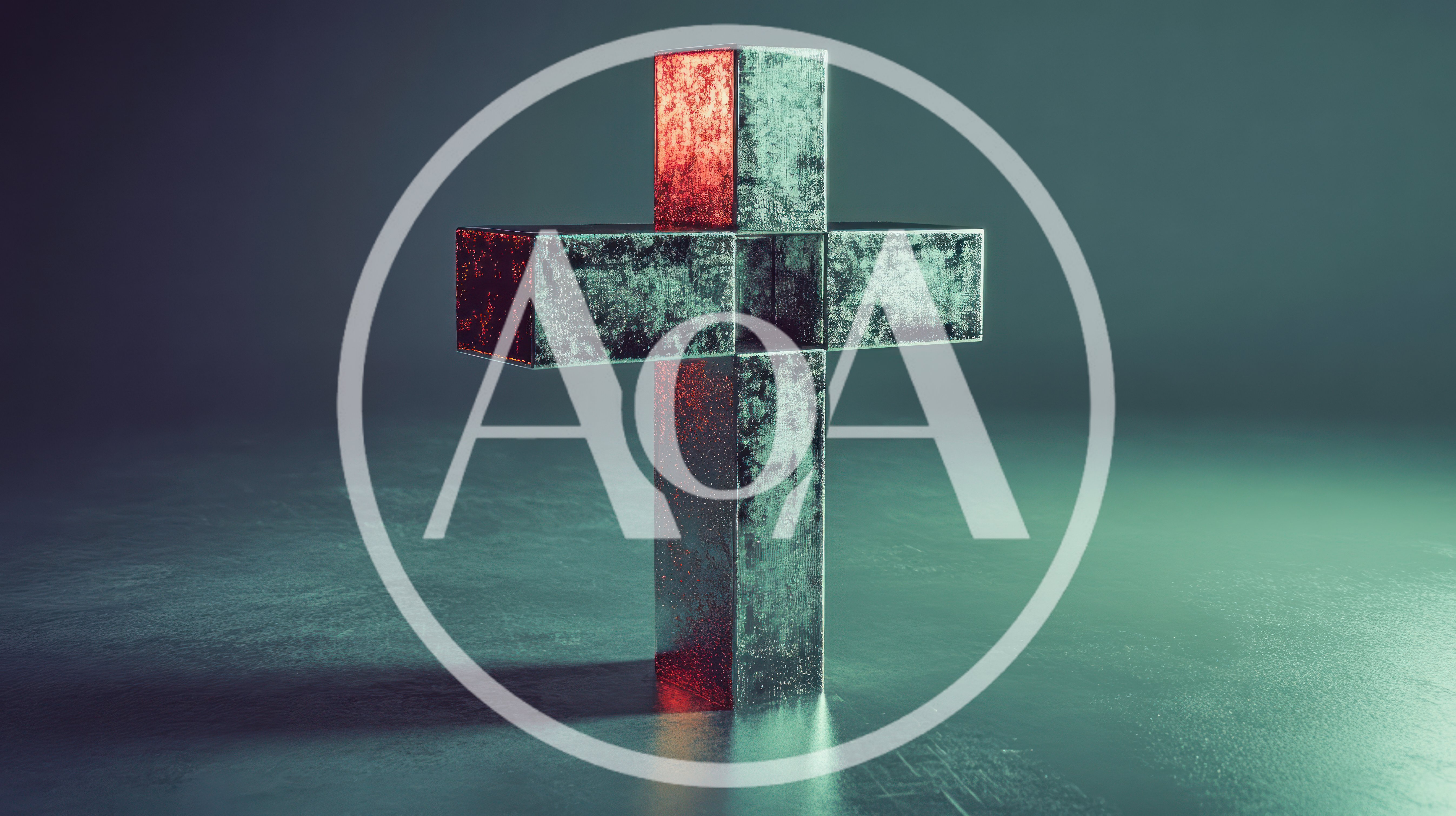 Metallic Cross Sculpture With Red And Green Lighting