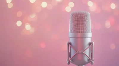 Professional Studio Microphone Against Pink Bokeh Background