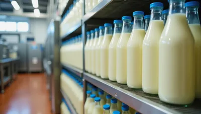 Rows Of Glass Milk Bottles On Industrial Shelving