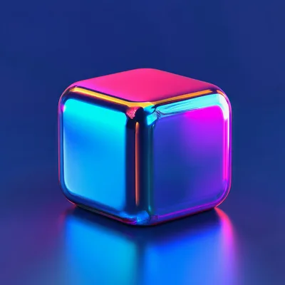 Iridescent Metallic Cube With Neon Lighting