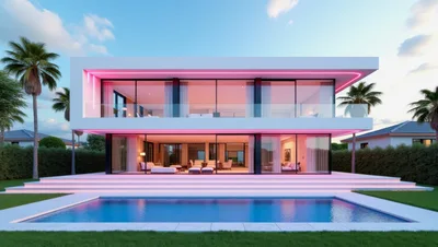 Modern Luxury Villa With Swimming Pool At Sunset