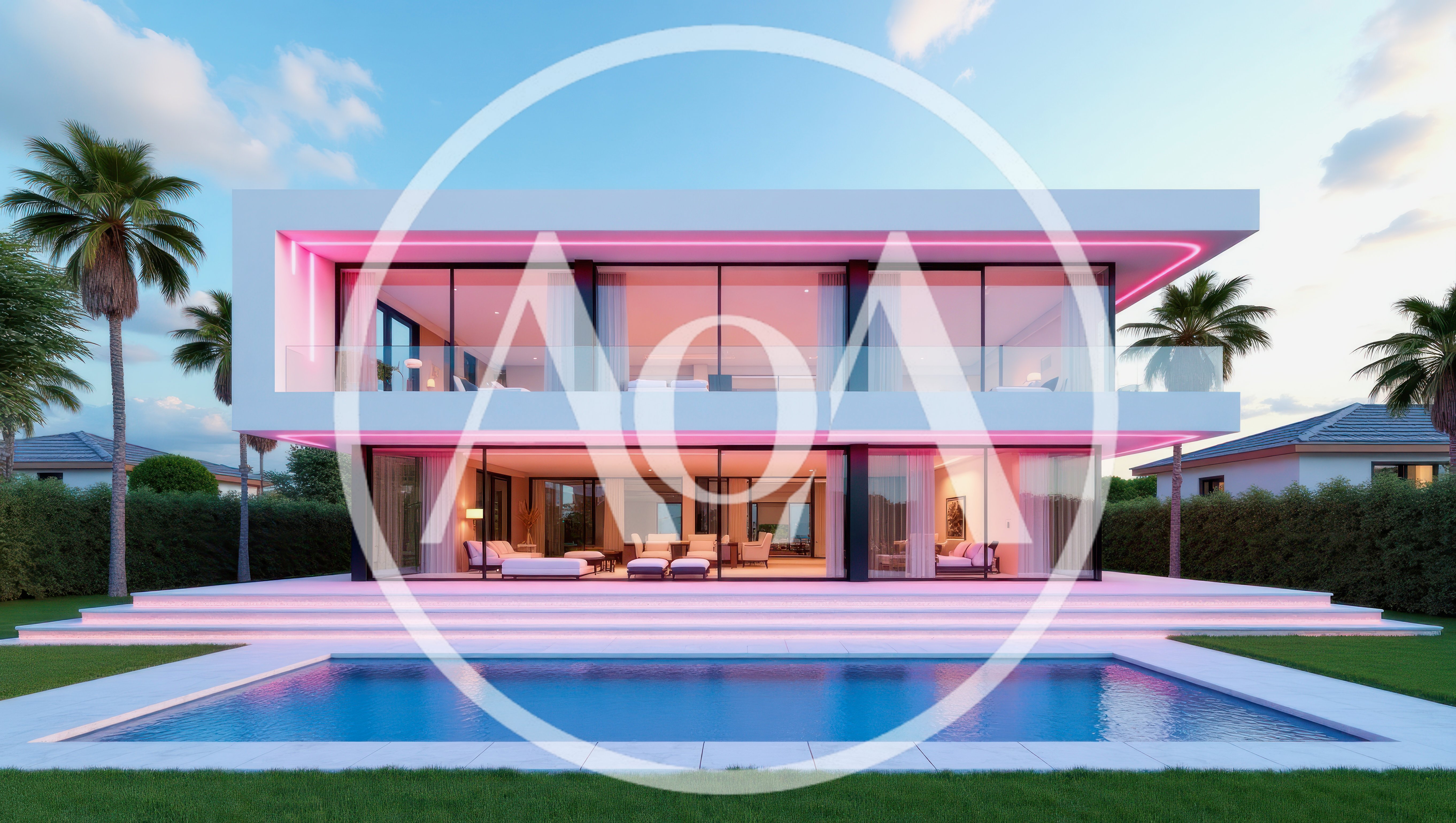 Modern Luxury Villa With Swimming Pool At Sunset
