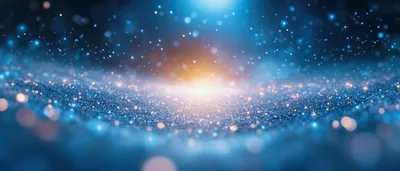 Abstract Blue Glittering Particles With Golden Light Glow