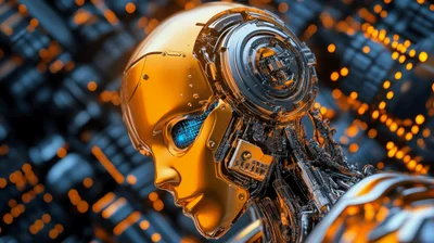 Golden Robotic Humanoid Head With Digital Circuitry Background