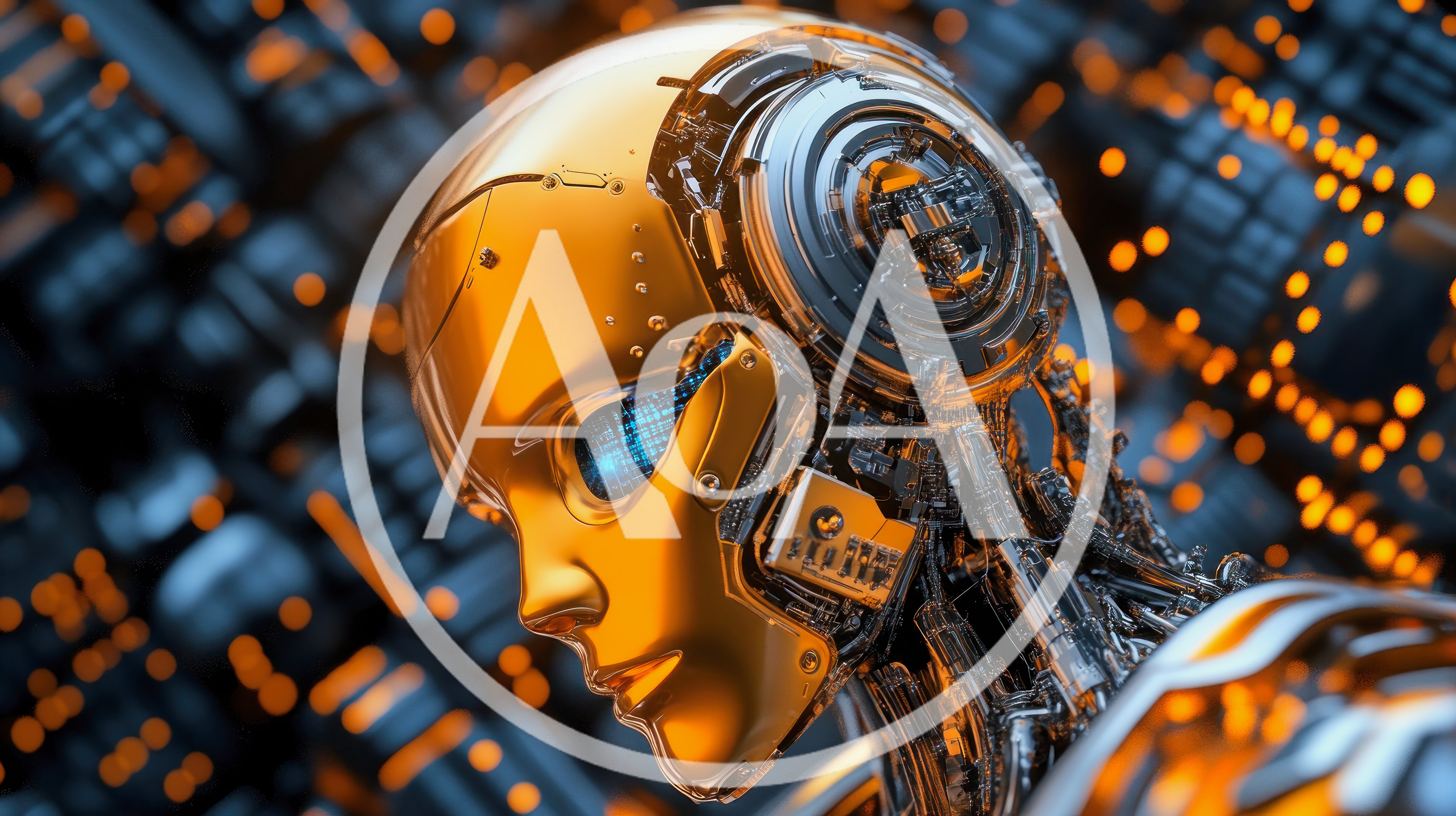 Golden Robotic Humanoid Head With Digital Circuitry Background