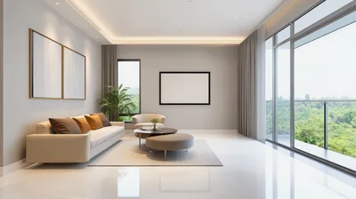 Modern Minimalist Living Room Interior With Large Windows