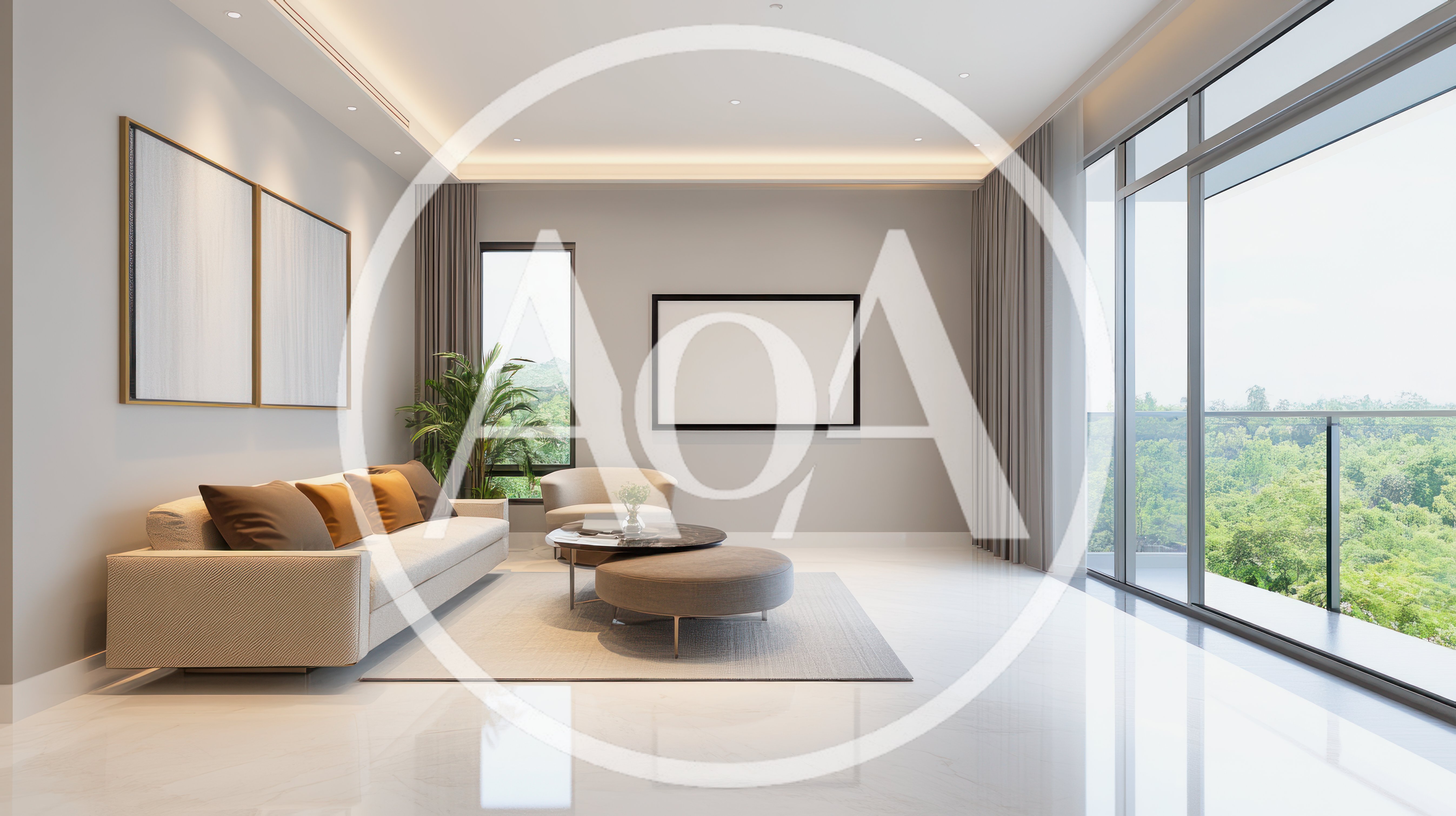 Modern Minimalist Living Room Interior With Large Windows