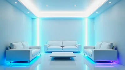 Modern Minimalist Living Room With Neon Blue Lighting