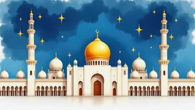 Grand Mosque Architecture With Golden Dome And Minarets