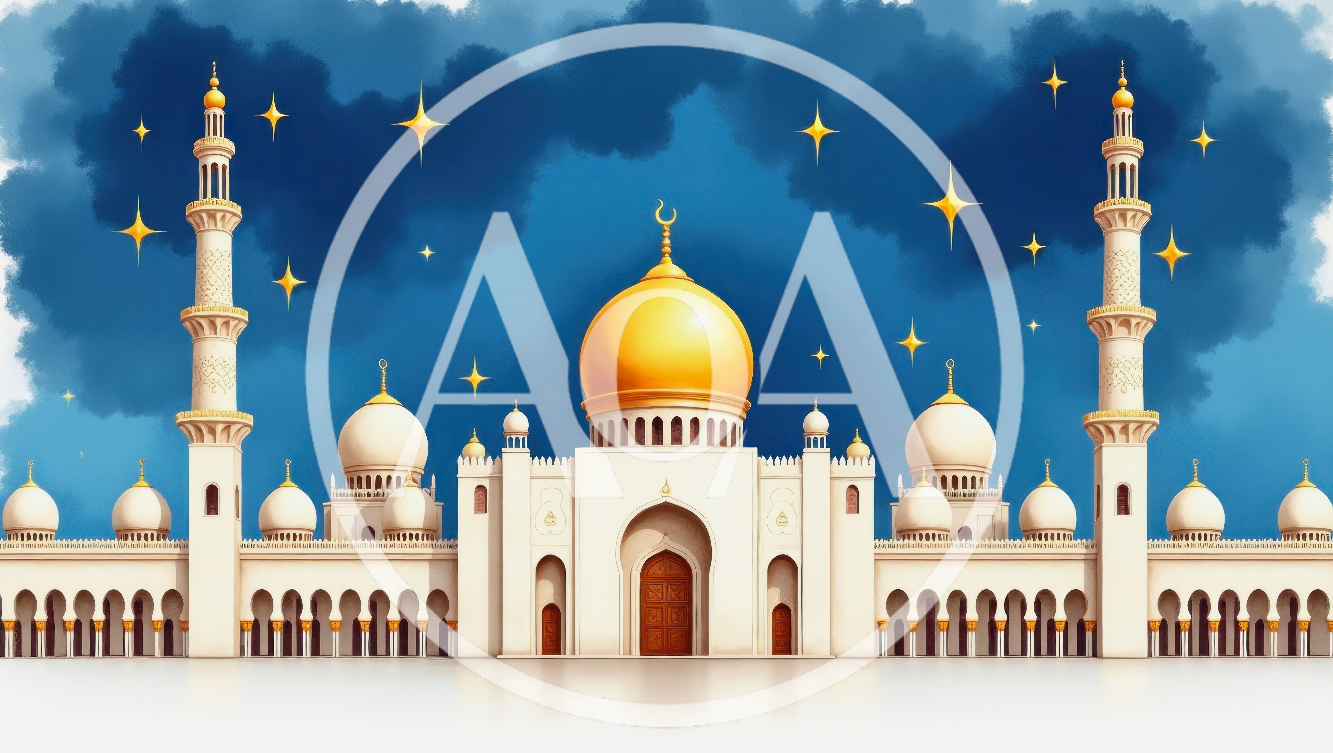 Grand Mosque Architecture With Golden Dome And Minarets