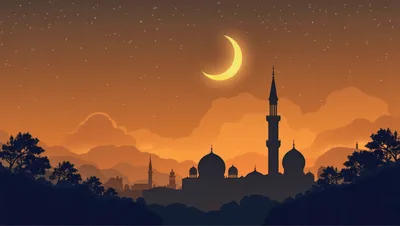 Silhouette Of A Mosque Under A Crescent Moon