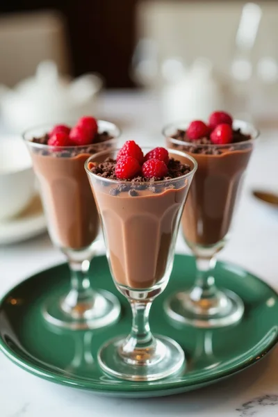 Three Glasses Of Chocolate Mousse With Fresh Raspberries