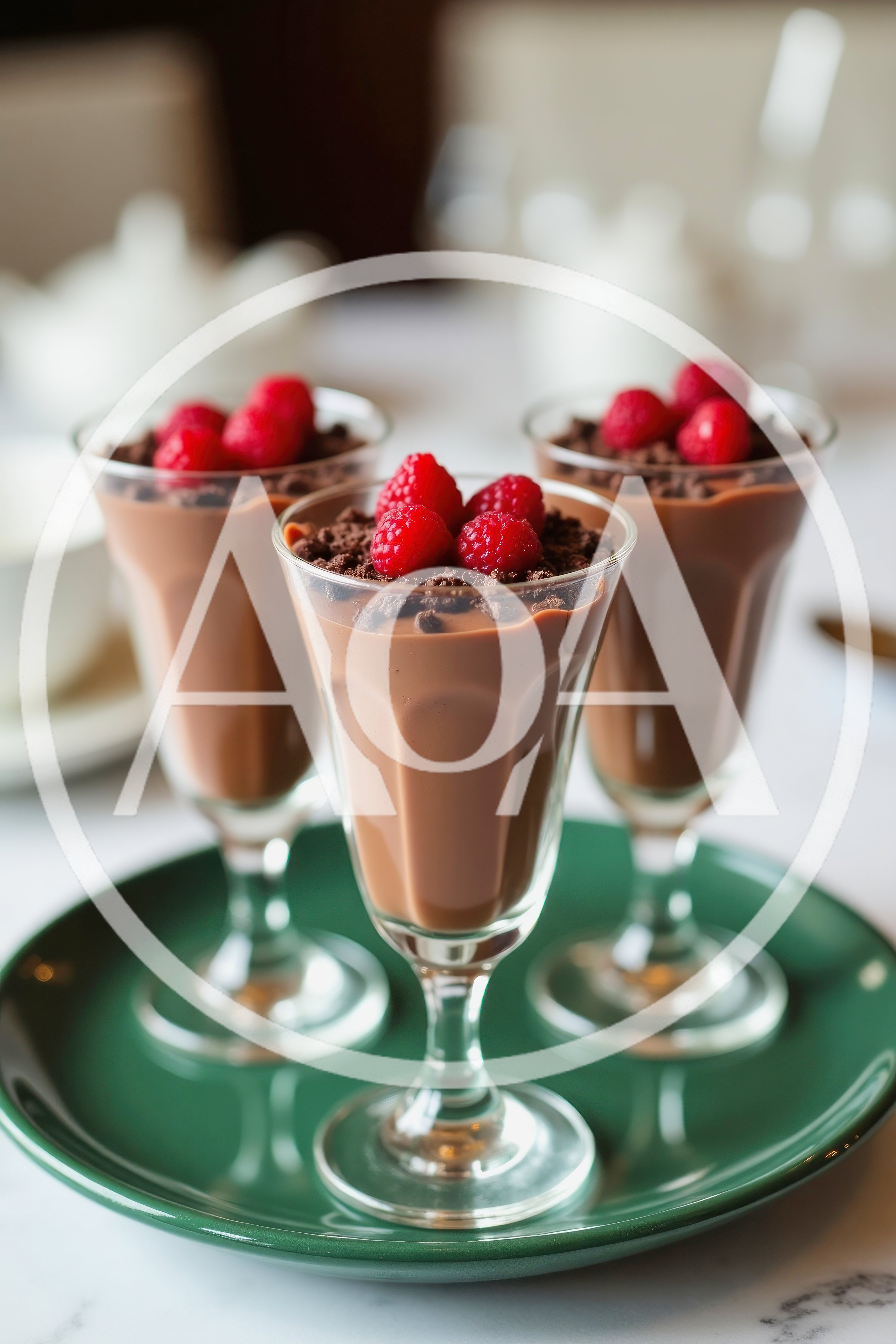 Three Glasses Of Chocolate Mousse With Fresh Raspberries