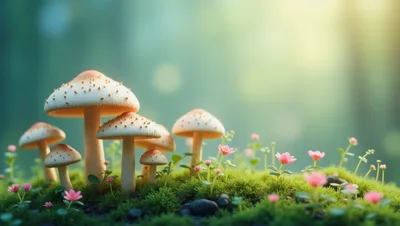 Group Of Wild Mushrooms In A Lush Forest