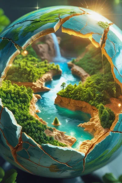 Surreal Cracked Earth Globe With Internal Lush Landscape