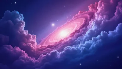 Cosmic Spiral Galaxy Amidst Vibrant Nebula Clouds