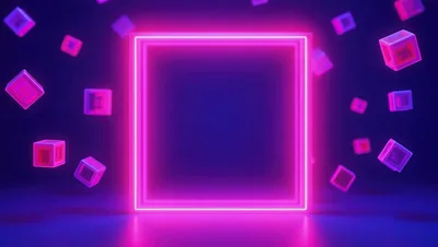 Neon Pink Square Frame With Floating Cubes