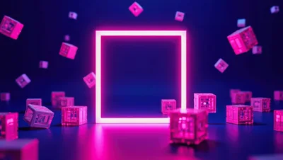 Neon Glowing Square Frame With Floating Abstract Cubes