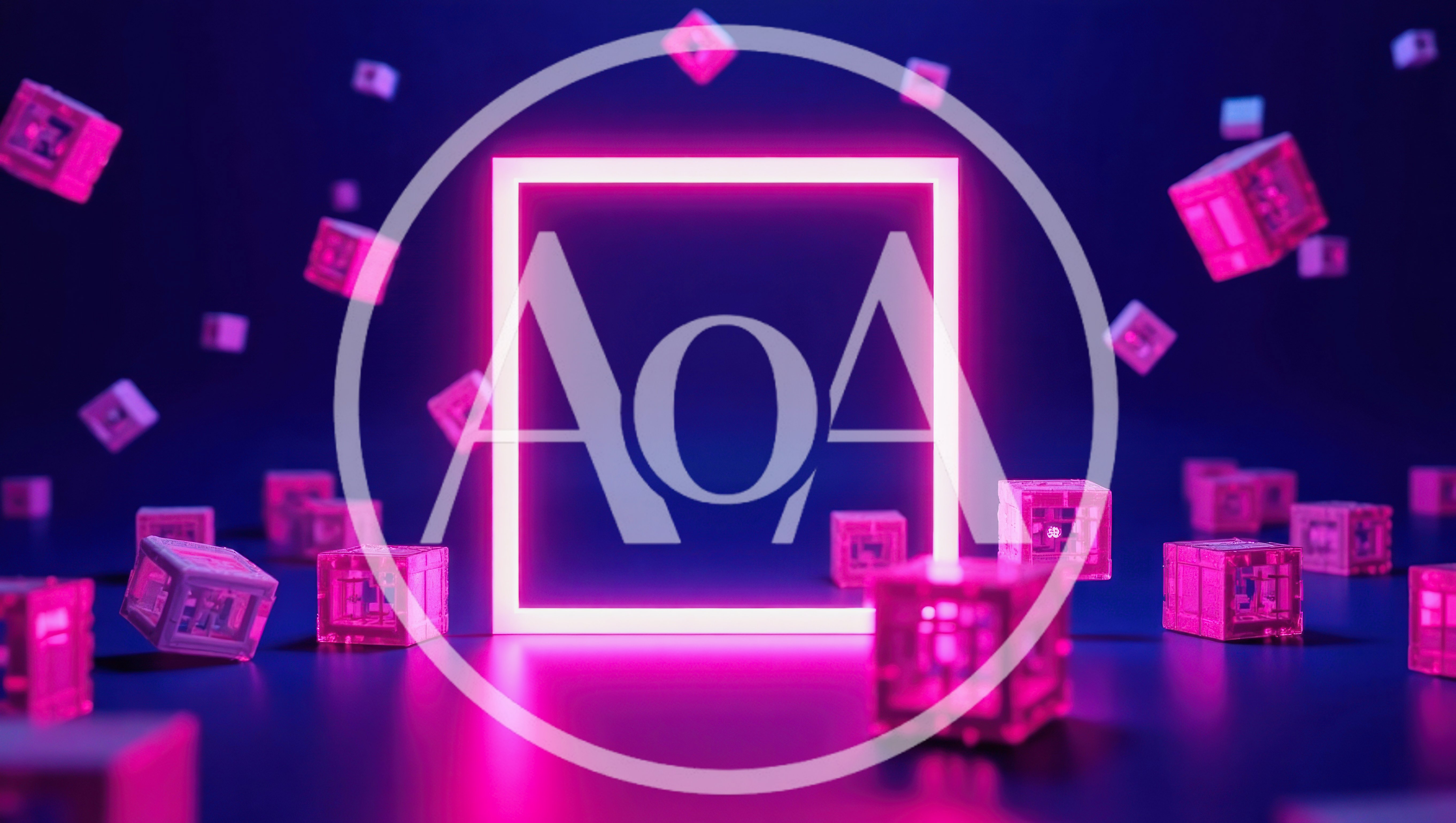 Neon Glowing Square Frame With Floating Abstract Cubes