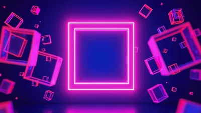 Neon Pink Glowing Square Frames Floating In Dark Space