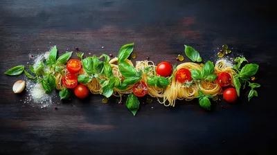 Fresh Pasta Ingredients Arranged On Dark Wooden Surface