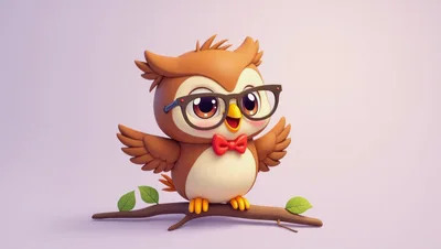 Cute Cartoon Owl Wearing Glasses and Bow Tie
