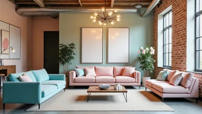 Modern Living Room With Pastel Sofas And Brick Walls