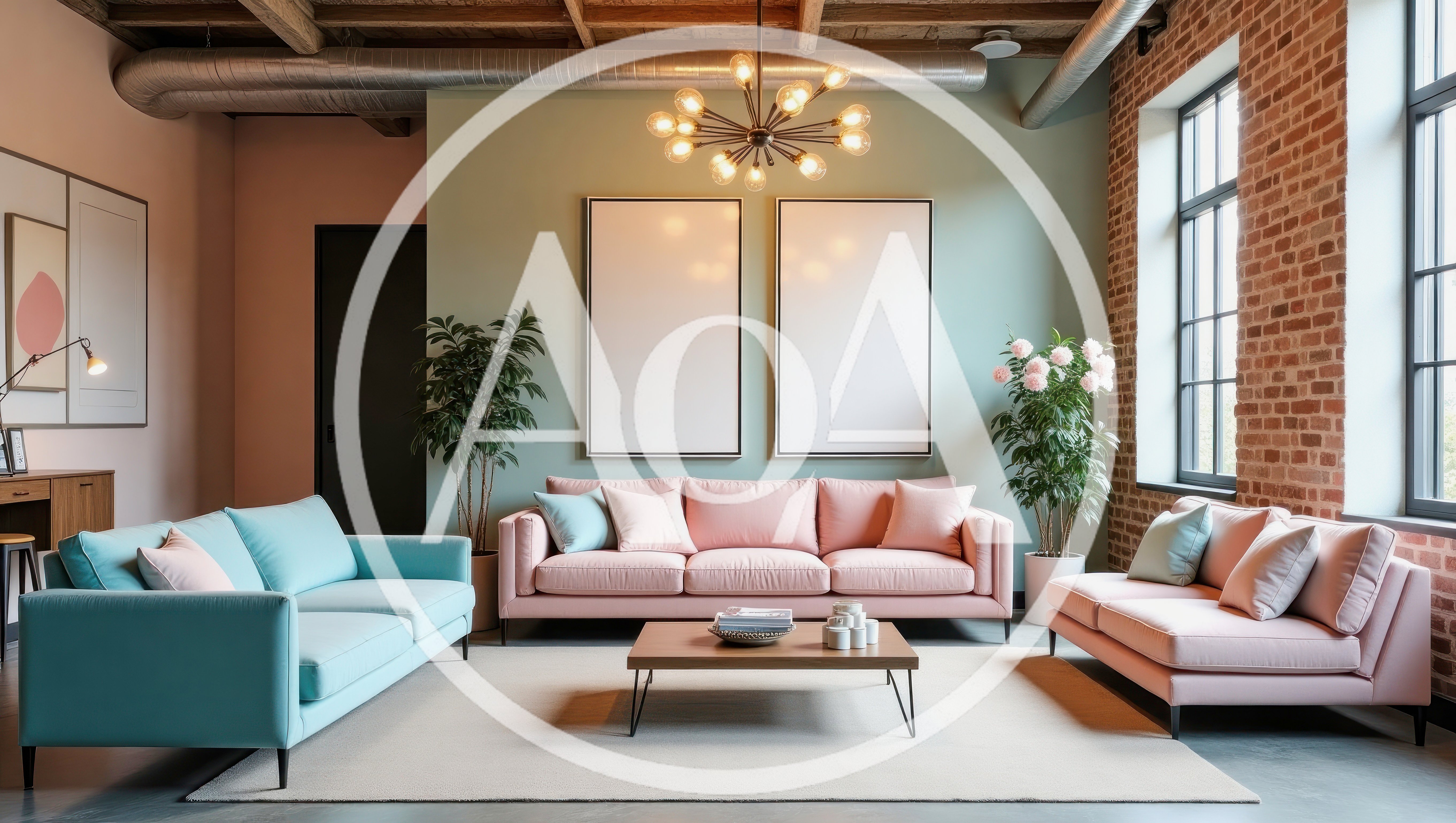 Modern Living Room With Pastel Sofas And Brick Walls