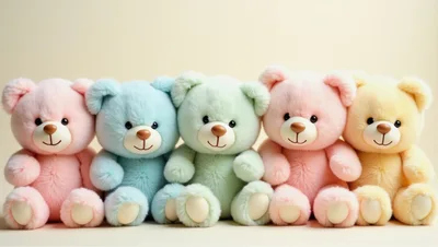 Five Pastel Colored Teddy Bears Sitting In A Row