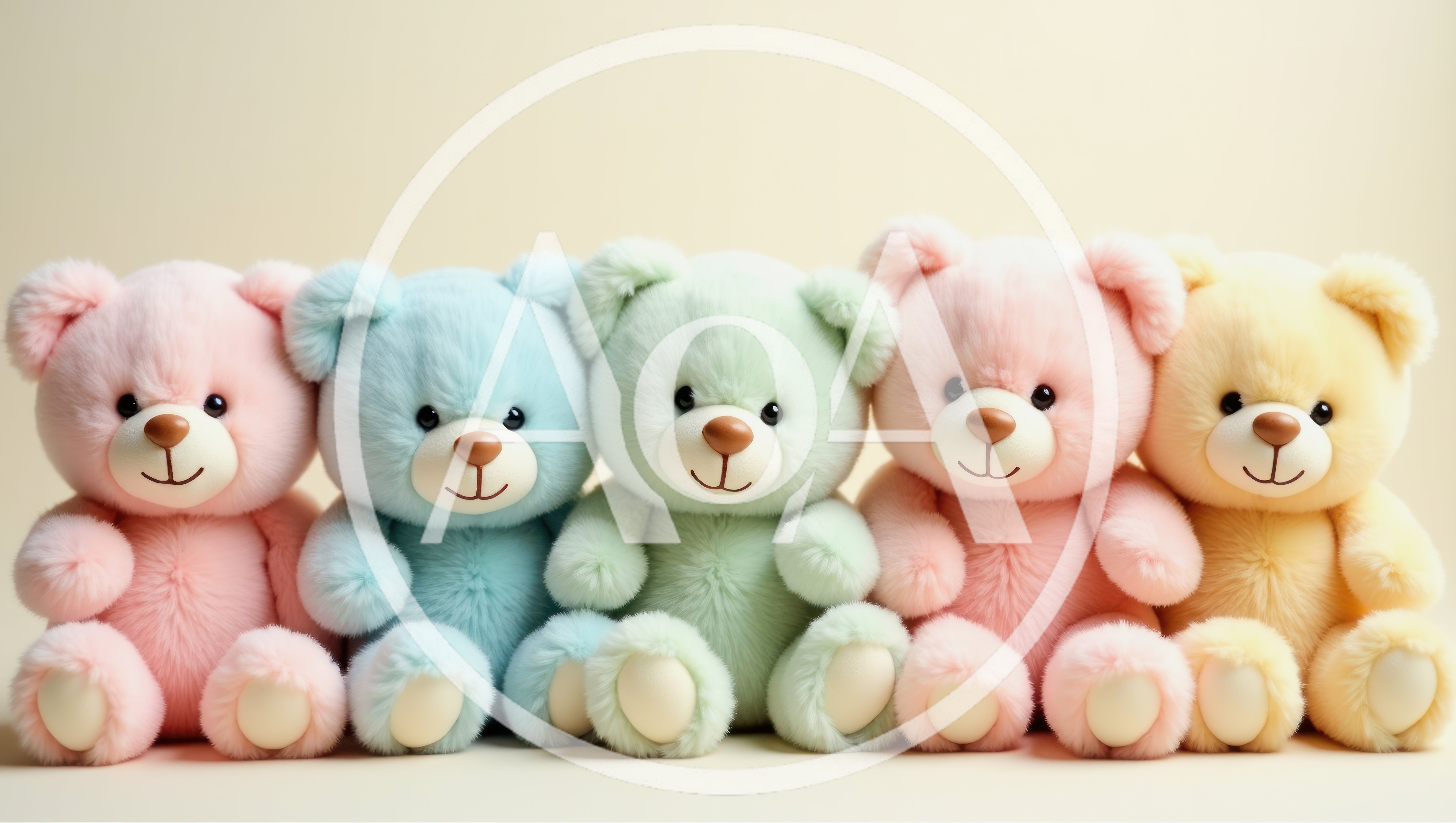 Five Pastel Colored Teddy Bears Sitting In A Row