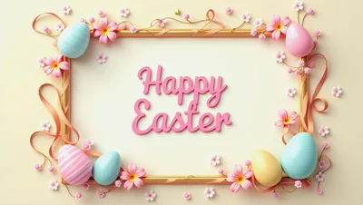 Happy Easter Greeting Card With Decorative Eggs And Flowers