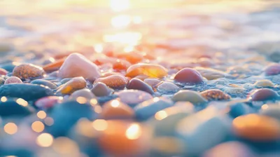 Smooth Colorful Pebbles On A Sunny Beach Shoreline