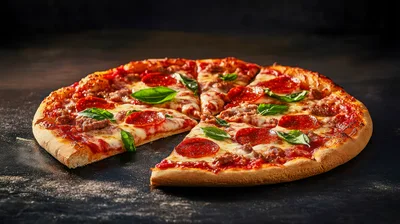 Pepperoni Pizza With Fresh Basil On Dark Surface
