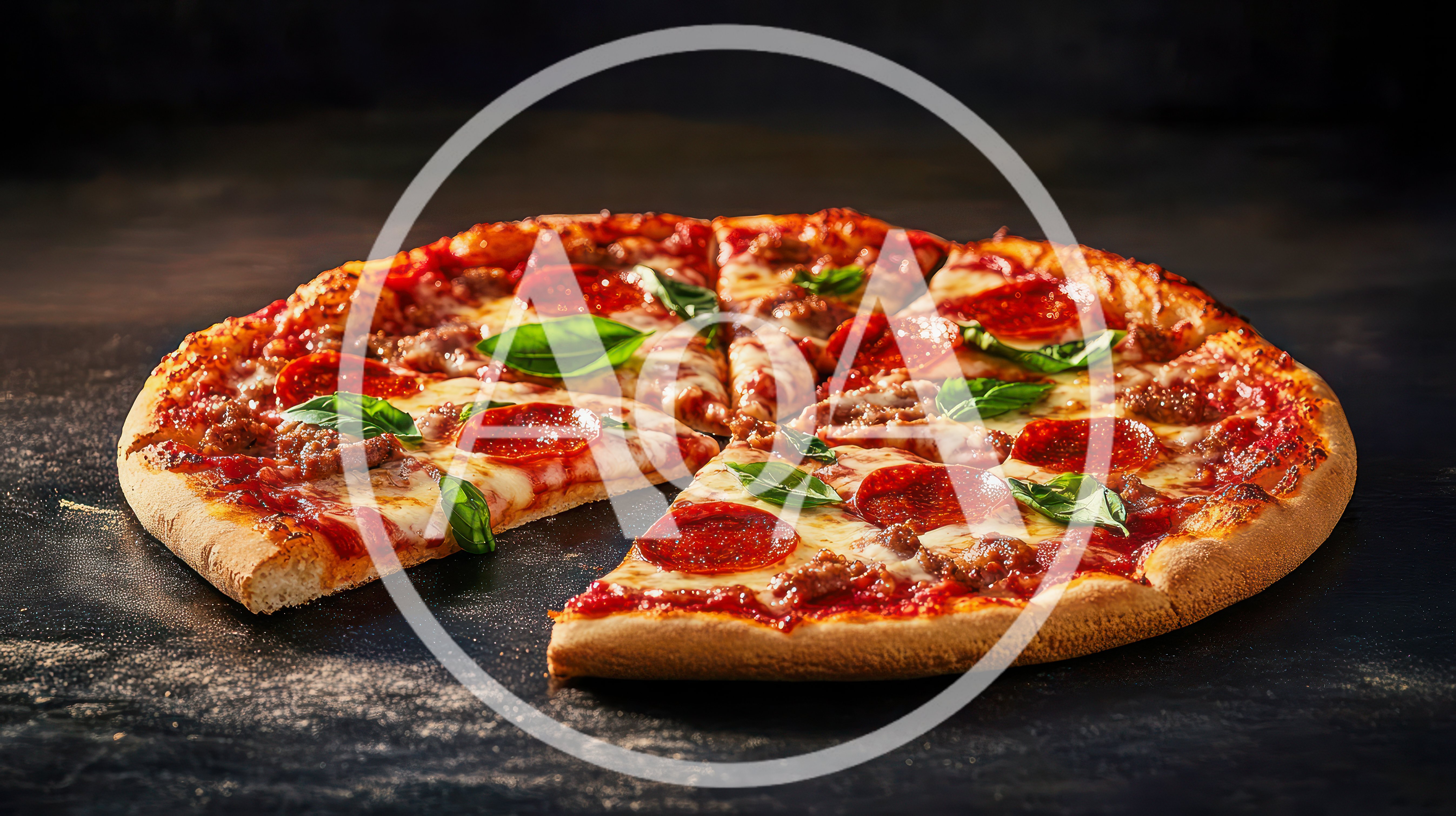 Pepperoni Pizza With Fresh Basil On Dark Surface