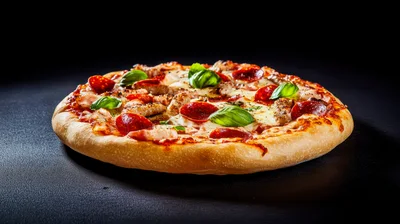 Freshly Baked Pepperoni Pizza With Basil Leaves